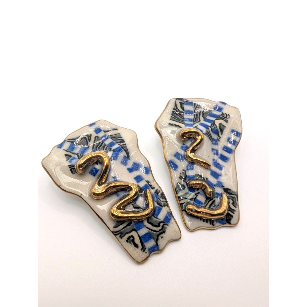 Vintage Porcelain Stud Earrings NOS Memphis Style Blue Gold Abstract 2.25"